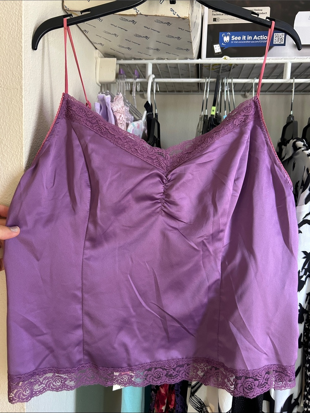Worthington Lavender Satin Lace-Trim Cami with Pink Straps